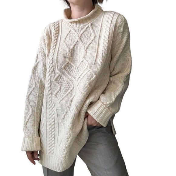 Aran Crafts Womens White 100% Merino Wool Cable Knit Fisherman Irish Sweater XXL - Picture 5 of 8